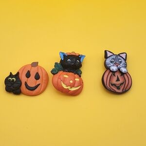 Halloween Pumpkin and Cat Brooches set of 3